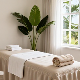 Caribbean Holidays, Bermuda Wellness, Peaceful Bermuda spa treatment room with natural light, neutral colours, towels and tropical greenery