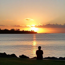 Caribbean Holidays, Bermuda Wellness, Peaceful Bermuda sunset over a calm bay, with a person sitting quietly on a shoreline viewpoint