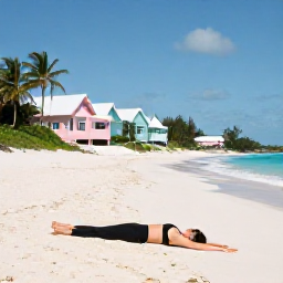 Caribbean Holidays, Bermuda Wellness, Person enjoying a gentle yoga session on a Bermuda beach with pastel cottages and palm trees nearby