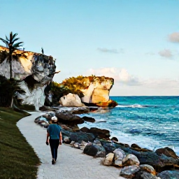 Caribbean Holidays, Bermuda Wellness, Person walking along Bermuda&rsquo;s scenic coastal path beside turquoise sea, with soft November sunshine and dramatic rocks