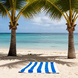 Caribbean Holidays, Bermuda Wellness, Quiet Bermuda beach with a striped towel, shaded palm trees and calm water in early spring