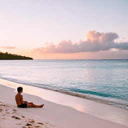 Caribbean Holidays, Bermuda Wellness, Quiet pink-sand beach in Bermuda at sunrise, calm turquoise water and a person relaxing beside the shore