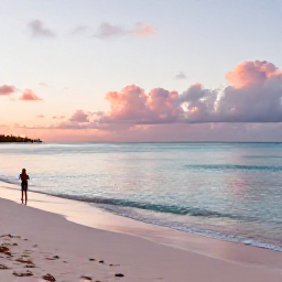 Caribbean Holidays, Bermuda Wellness, Quiet pink-sand beach in Bermuda at sunrise during December, calm turquoise water and a person relaxing near the shoreline