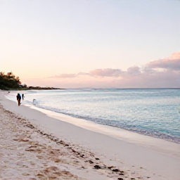 Caribbean Holidays, Bermuda Wellness, Quiet pink-sand beach in Bermuda in February, with soft morning light, calm turquoise water and a few peaceful walkers