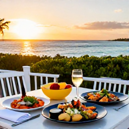 Caribbean Holidays, Bermuda Wellness, Relaxed outdoor dining in Bermuda at sunset, healthy local seafood, fresh fruit and ocean views