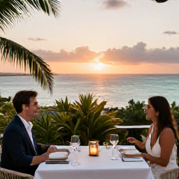 Caribbean Holidays, Bermuda Wellness, Relaxed outdoor dinner at a Bermuda restaurant overlooking the sea at sunset, elegant but informal setting