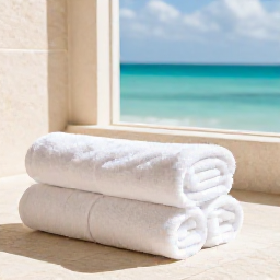 Caribbean Holidays, Bermuda Wellness, Relaxing Bermuda spa setting with natural light, pale stone, towels and a view towards the turquoise sea