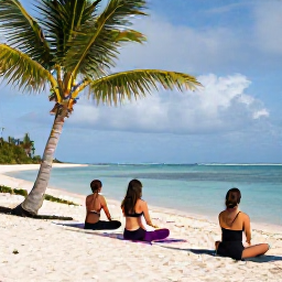 Caribbean Holidays, Bermuda Wellness, Traveller enjoying a peaceful yoga session on a Bermuda beach with palm trees and calm ocean