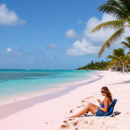 Caribbean Holidays, Bermuda Wellness, Travellers relaxing on a quiet pink-sand beach in Bermuda, turquoise sea, soft sunshine and palm trees