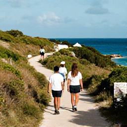 Caribbean Holidays, Bermuda Wellness, Visitors walking along a scenic Bermuda coastal trail in October, ocean views, green vegetation and gentle sunshine