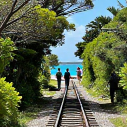 Caribbean Holidays, Bermuda Wellness, Visitors walking along Bermuda railway trail through lush greenery with glimpses of blue sea and bright spring light