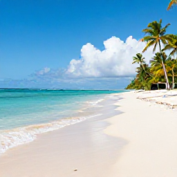 Caribbean Holidays, Best Time Caribbean, A bright Caribbean beach with calm turquoise water, palm trees and soft white sand under a clear blue sky