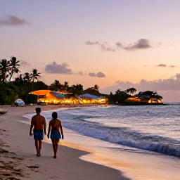 Caribbean Holidays, Best Time Caribbean, A couple walking along a peaceful Caribbean shoreline at sunset, with gentle waves and a warmly lit island village in the distance