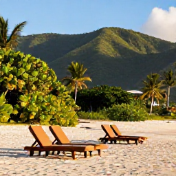Caribbean Holidays, Best Time Caribbean, A quiet Caribbean beach with a few sun loungers, lush green hills and warm late-season sunlight