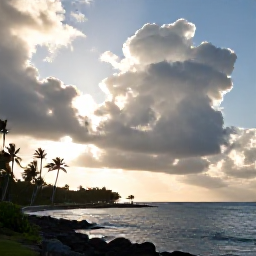 Caribbean Holidays, Best Time Caribbean, A tropical Caribbean coastline beneath dramatic summer clouds, with palms, a sheltered bay and sunlight breaking through