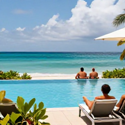 Caribbean Holidays, Best Time Caribbean, Travellers relaxing beside a Caribbean swimming pool overlooking a sunny sea, with tropical plants and gentle breezes