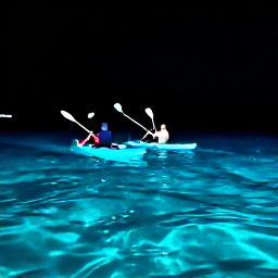 Caribbean Holidays, Bioluminescent Bays, Kayakers gliding across a glowing bioluminescent bay at night in Puerto Rico, with blue-green light sparkling around the paddles
