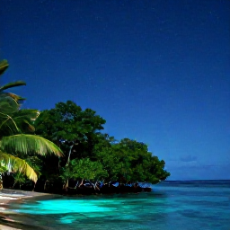 Caribbean Holidays, Bioluminescent Bays, Peaceful tropical mangrove shoreline and calm glowing lagoon in Puerto Rico beneath a clear star-filled night sky