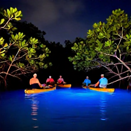 Caribbean Holidays, Bioluminescent Bays, Small guided kayak group exploring a mangrove-lined bioluminescent lagoon at night, with expert guide and subtle blue water glow