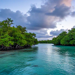 Caribbean Holidays, Bioluminescent Bays, Tropical Caribbean mangroves and calm lagoon at dusk, representing the fragile ecosystem of a bioluminescent bay