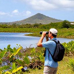 Caribbean Holidays, Birdwatching Holidays, A birdwatcher beside a quiet Caribbean wetland on Saint Martin, with tropical vegetation, distant hills and binoculars ready
