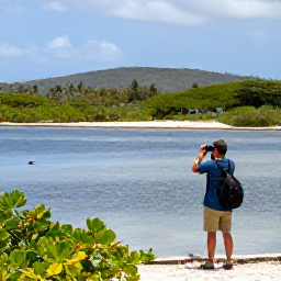 Caribbean Holidays, Birdwatching Holidays, A birdwatcher with binoculars beside a peaceful salt pond on Providenciales, with tropical vegetation and distant hills