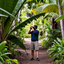 Caribbean Holidays, Birdwatching Holidays, A birdwatcher with binoculars on a peaceful forest trail in Saint Kitts, surrounded by tropical vegetation