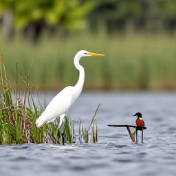 Caribbean Holidays, Birdwatching Holidays, A calm Caribbean wetland in the Dominican Republic with a great egret, heron and colourful kingfisher among reeds and mangroves