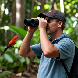 Caribbean Holidays, Birdwatching Holidays, A friendly local birdwatching guide showing a visitor a bird through binoculars in a Dominican Republic nature reserve
