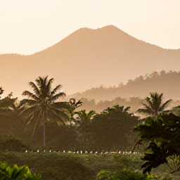 Caribbean Holidays, Birdwatching Holidays, A peaceful Dominican Republic nature reserve at sunrise, with tropical forest, distant mountains and a small group of birds in the foreground