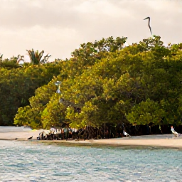 Caribbean Holidays, Birdwatching Holidays, A quiet mangrove shoreline with a heron, pelican and small tropical birds in Turks and Caicos, photographed in warm morning light