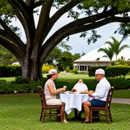 Caribbean Holidays, Birdwatching Holidays, A relaxed outdoor breakfast at a Caribbean hotel garden on Saint Kitts, with tropical trees where small birds are visible