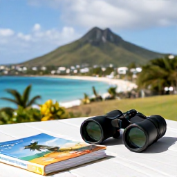 Caribbean Holidays, Birdwatching Holidays, A relaxed outdoor table in Saint Martin with binoculars, a field guide and a view towards tropical hills and the Caribbean Sea