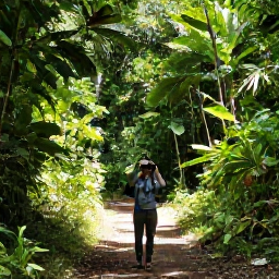 Caribbean Holidays, Birdwatching Holidays, Birdwatcher following a shaded trail through dense rainforest on Saint Vincent, with binoculars and tropical birds in the canopy