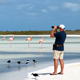 Caribbean Holidays, Birdwatching Holidays, Birdwatcher using binoculars beside shallow salt ponds with flamingos and wading birds on North Caicos
