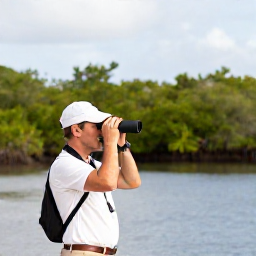 Caribbean Holidays, Birdwatching Holidays, Birdwatcher with binoculars beside a mangrove lagoon on Barbuda, surrounded by Caribbean wildlife