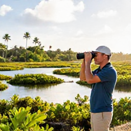 Caribbean Holidays, Birdwatching Holidays, Birdwatcher with binoculars beside a quiet Caribbean wetland on Saint Martin, tropical greenery, bright morning light