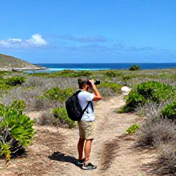 Caribbean Holidays, Birdwatching Holidays, Birdwatcher with binoculars on a quiet Saint Barth&eacute;lemy trail overlooking scrubland and the Caribbean coastline