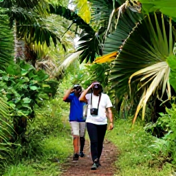 Caribbean Holidays, Birdwatching Holidays, Birdwatchers walking quietly through a green mountain trail in the Dominican Republic with binoculars and tropical vegetation