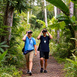 Caribbean Holidays, Birdwatching Holidays, Birdwatchers with binoculars walking on a shaded rainforest trail near Vermont Nature Trail, Saint Vincent