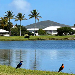 Caribbean Holidays, Birdwatching Holidays, Colourful Caribbean birds around a calm salt pond near Philipsburg, Sint Maarten, with palm trees and distant hills
