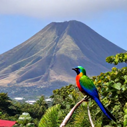 Caribbean Holidays, Birdwatching Holidays, Colourful tropical birds in lush rainforest on Saint Kitts, with volcanic hills in the background