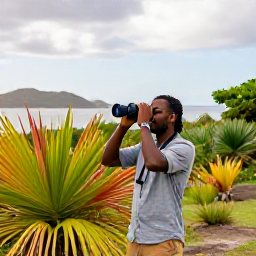 Caribbean Holidays, Birdwatching Holidays, Friendly travellers birdwatching beside a Caribbean nature reserve on Saint Martin, with binoculars, tropical plants and peaceful scenery