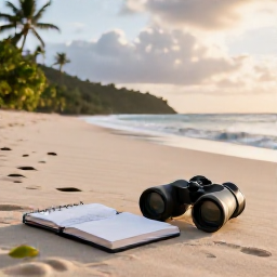 Caribbean Holidays, Birdwatching Holidays, Peaceful Saint Barth&eacute;lemy beach at sunrise with binoculars resting beside a travel notebook and tropical vegetation