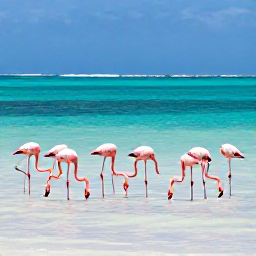 Caribbean Holidays, Birdwatching Holidays, Pink Caribbean flamingos feeding in shallow water against a sunny turquoise island background