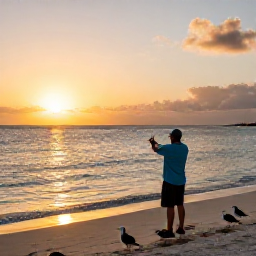 Caribbean Holidays, Birdwatching Holidays, Relaxed birdwatcher watching seabirds from a quiet sandy shoreline at sunset in the Turks and Caicos Islands