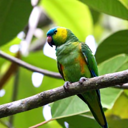 Caribbean Holidays, Birdwatching Holidays, Saint Vincent parrot in a rainforest tree surrounded by bright green leaves, natural wildlife photography style