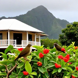 Caribbean Holidays, Birdwatching Holidays, Small tropical birds feeding in flowering shrubs beside a Caribbean guesthouse, with mountains in the background