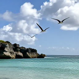 Caribbean Holidays, Birdwatching Holidays, Tropical seabirds flying above a calm bay on Saint Barth&eacute;lemy with rocky headlands and turquoise water