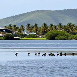Caribbean Holidays, Birdwatching Holidays, Waterbirds gathered around a calm Caribbean lagoon on Nevis, with palm trees and distant green hills